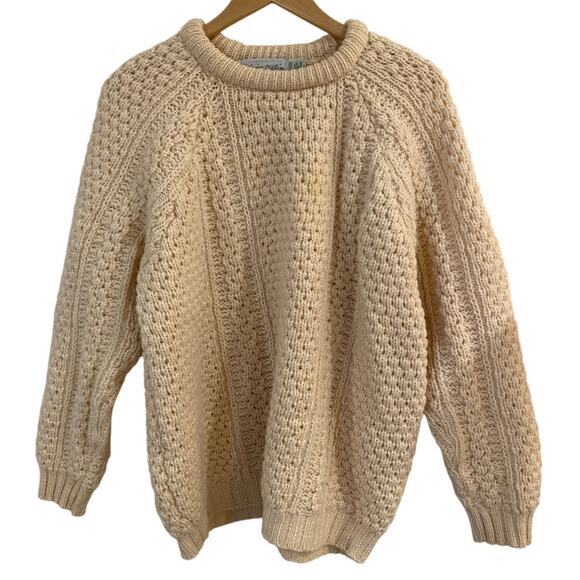 Patrick Malin 100% Pure Wool Fishermen's Thick Sweater Cable Knit Cream Mens L - Picture 1 of 10